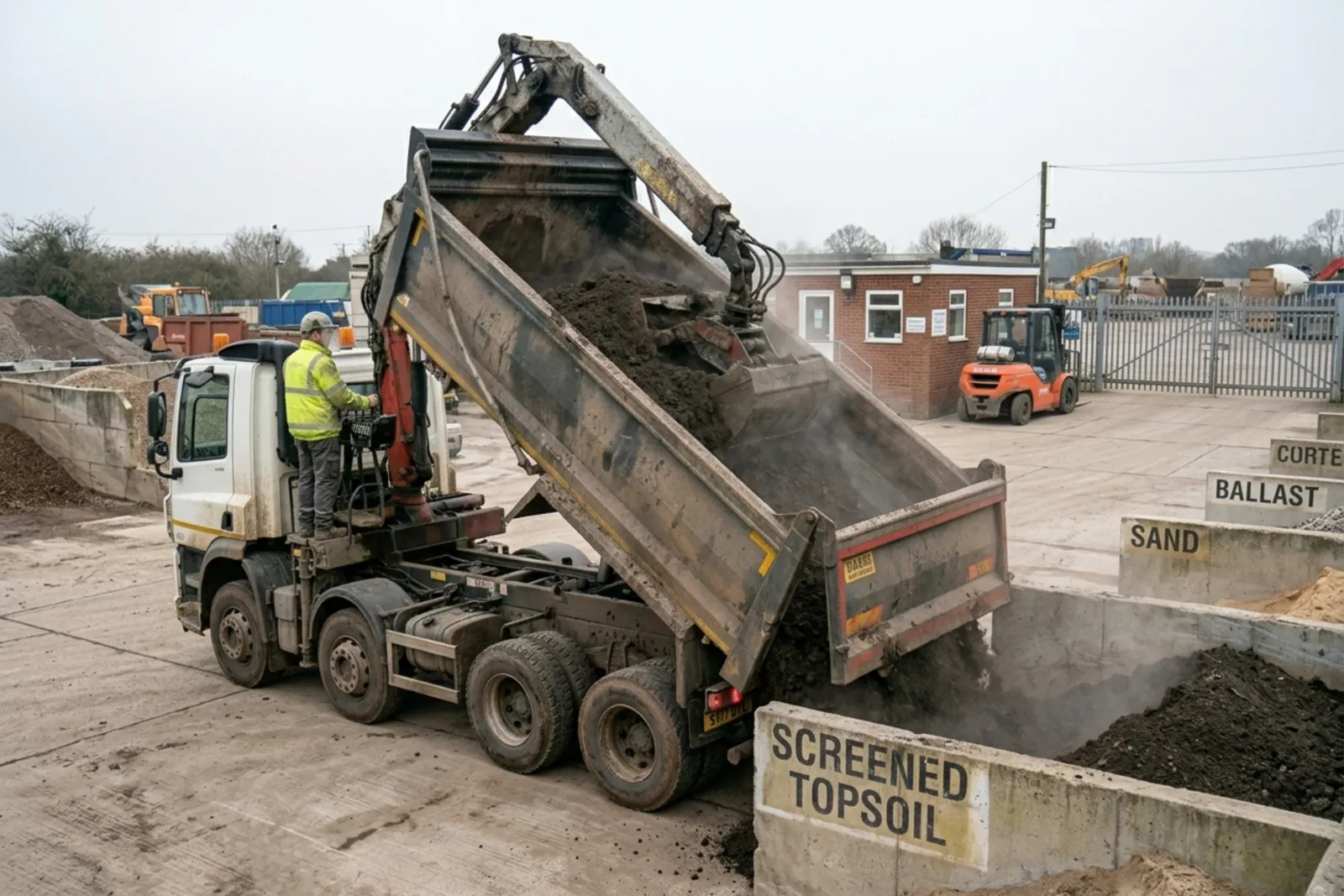 Grab lorry tipping aggregates at a builder’s yard in Birmingham, hired through Skyward Skip Hire