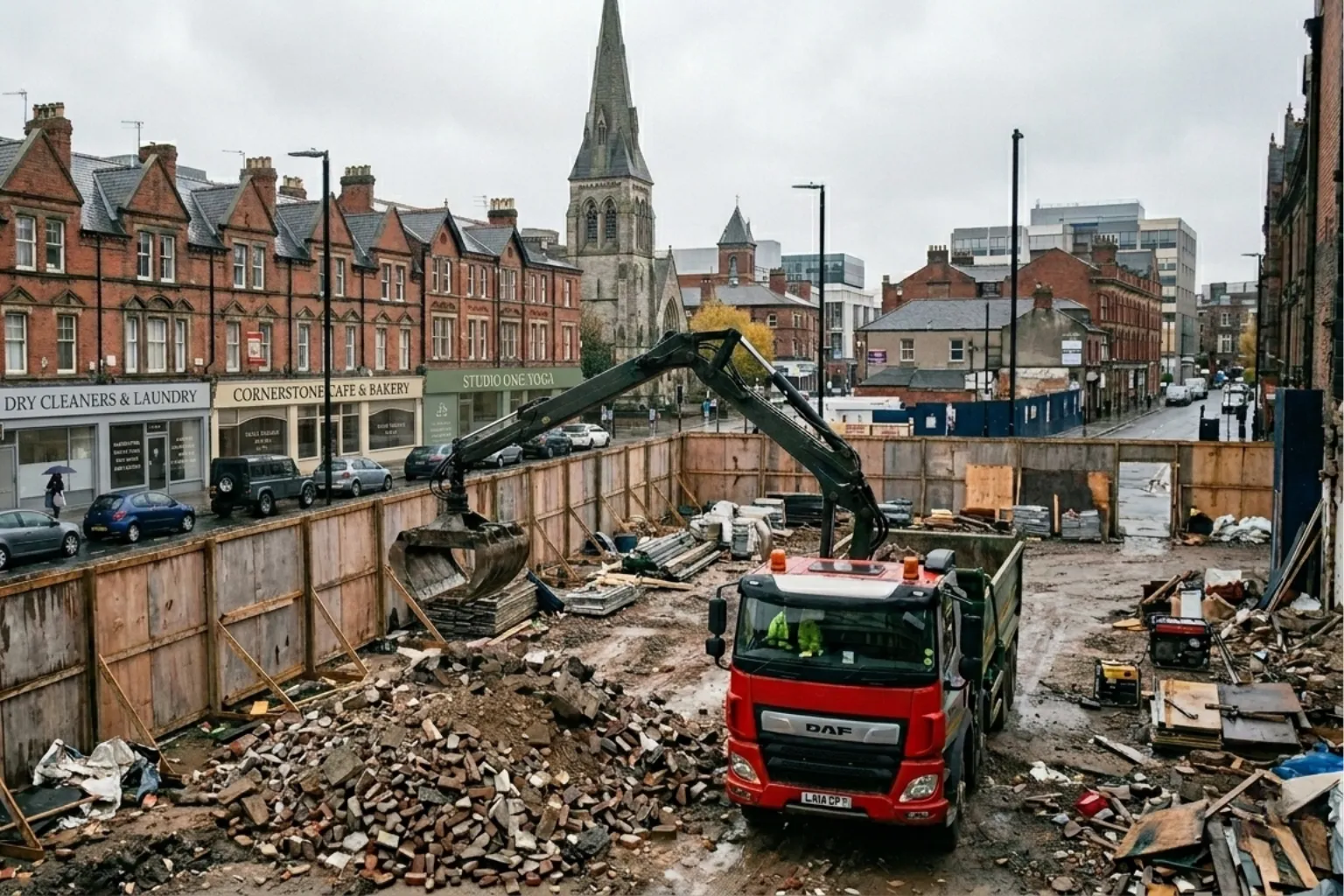 Grab lorry loading rubble inside a town-centre construction site, with Victorian shopfronts and a church spire beyond the hoarding in Hull, hired through Skyward Skip Hire