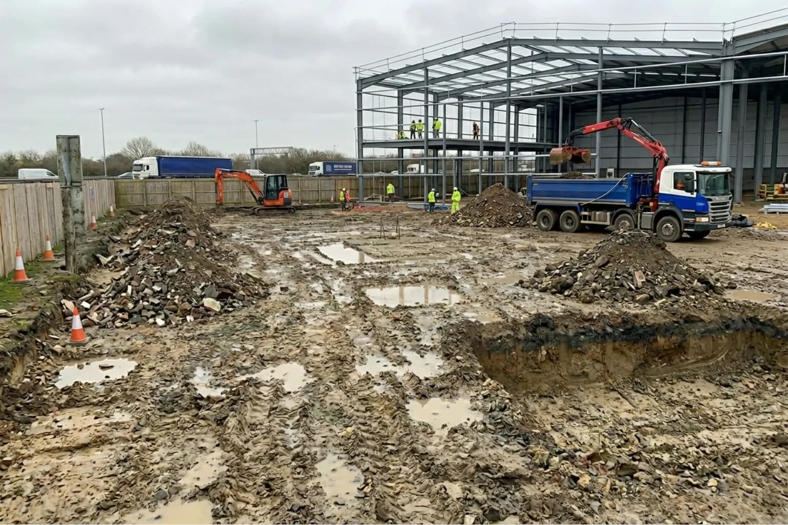 Logistics warehouse under construction beside a motorway, with grab-hire spoil heaps and an 8-wheeler tipper in the foreground in Gloucester, hired through Skyward Skip Hire