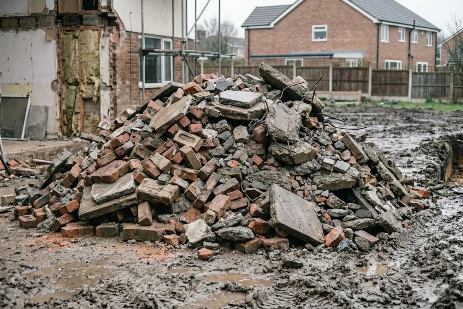 Grab-hire scale heap of mixed brick rubble and hardcore at a build site, hired through Skyward Skip Hire