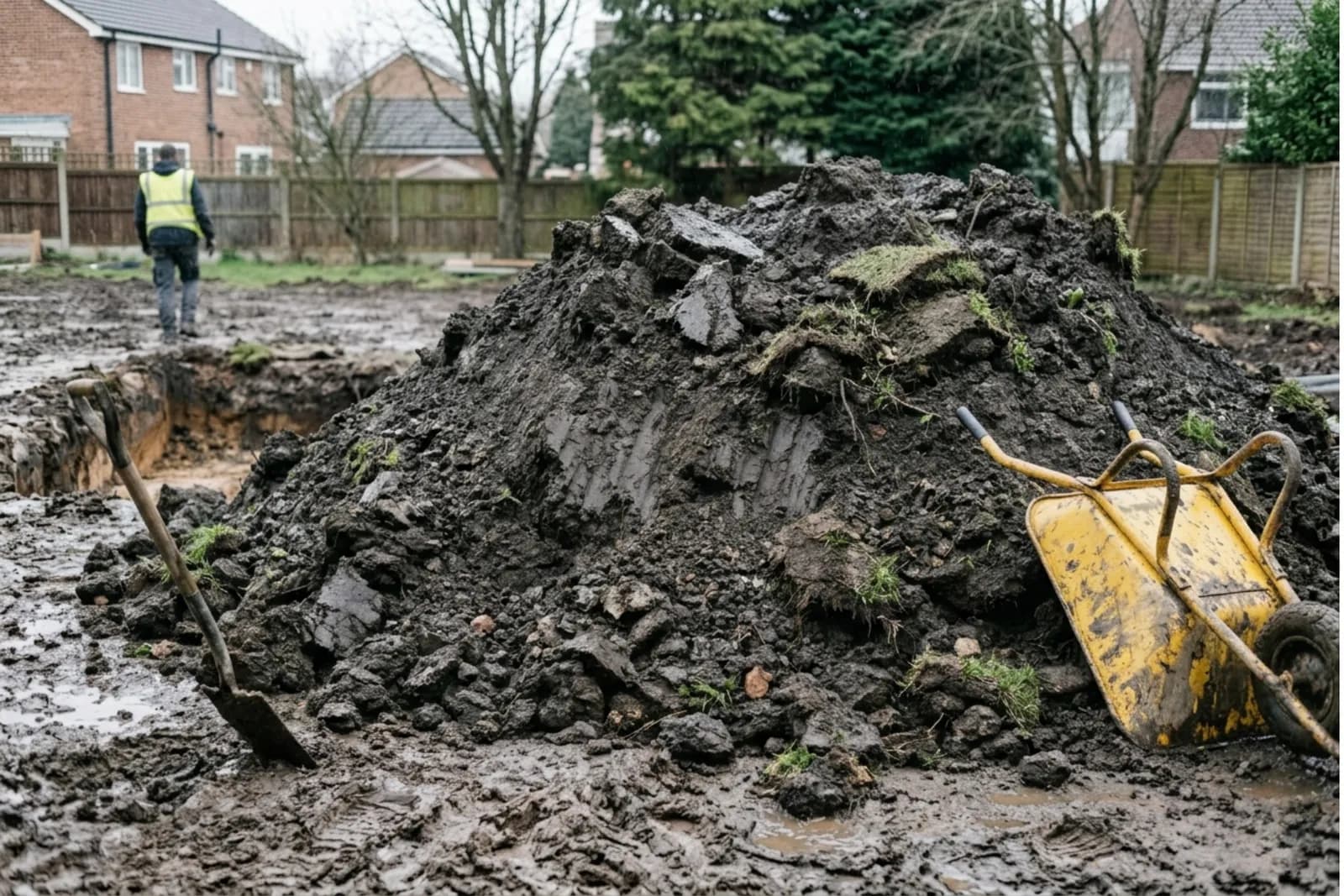 Grab-hire scale heap of dug-out soil ready for collection, hired through Skyward Skip Hire