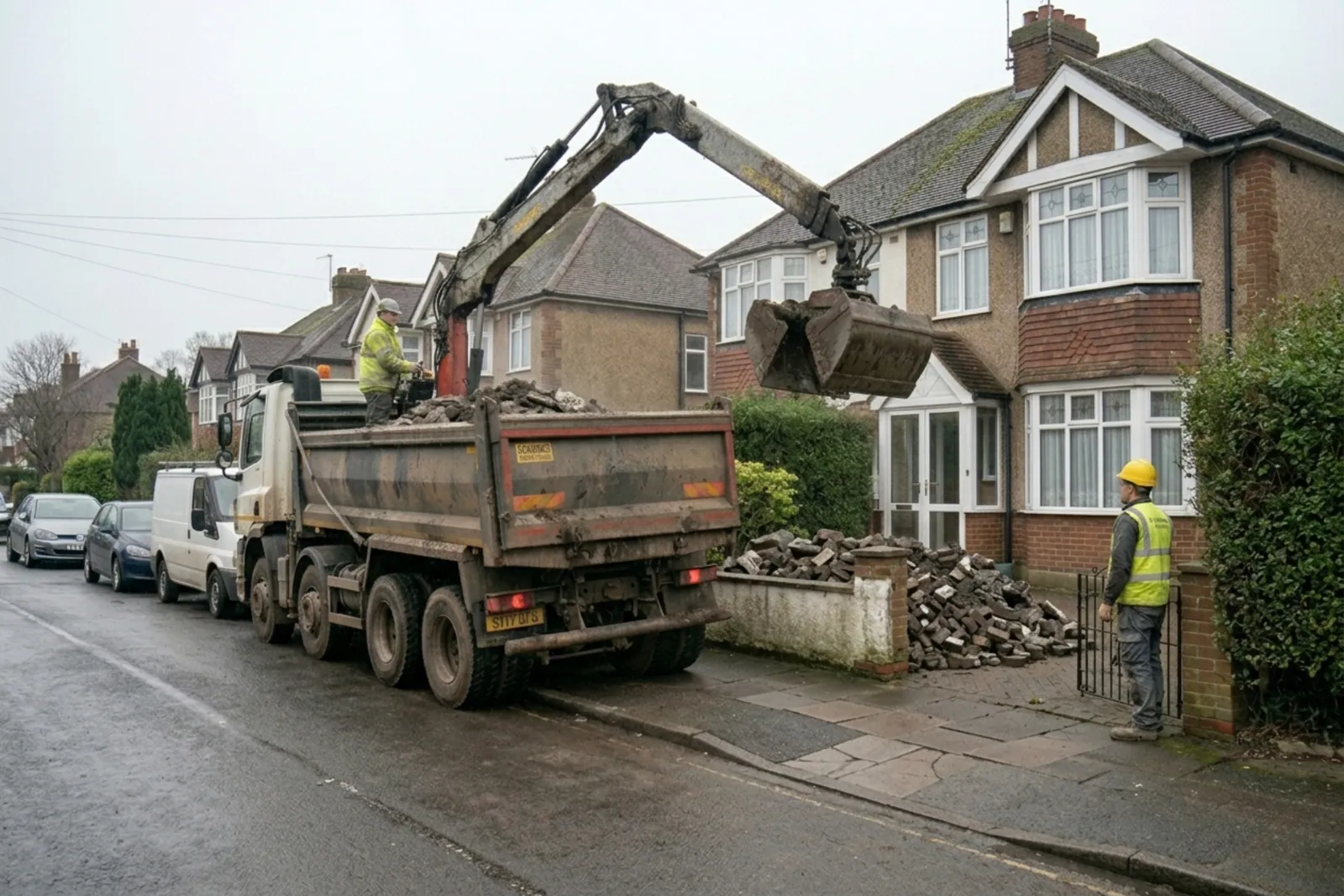 Grab lorry clearing a driveway dig-out at a residential property in Liverpool, hired through Skyward Skip Hire