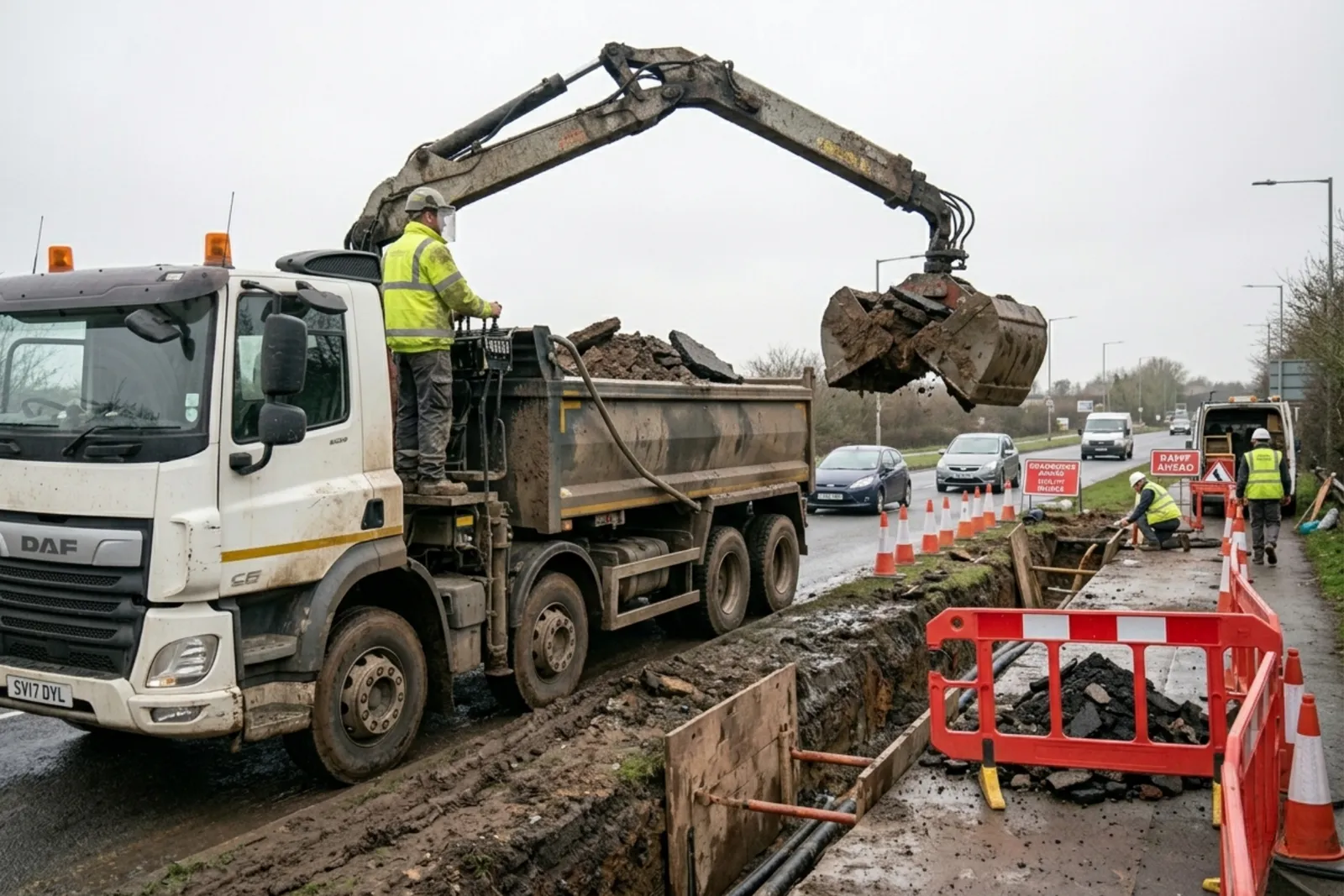 Grab lorry working a road or utility groundworks site in Edinburgh, hired through Skyward Skip Hire
