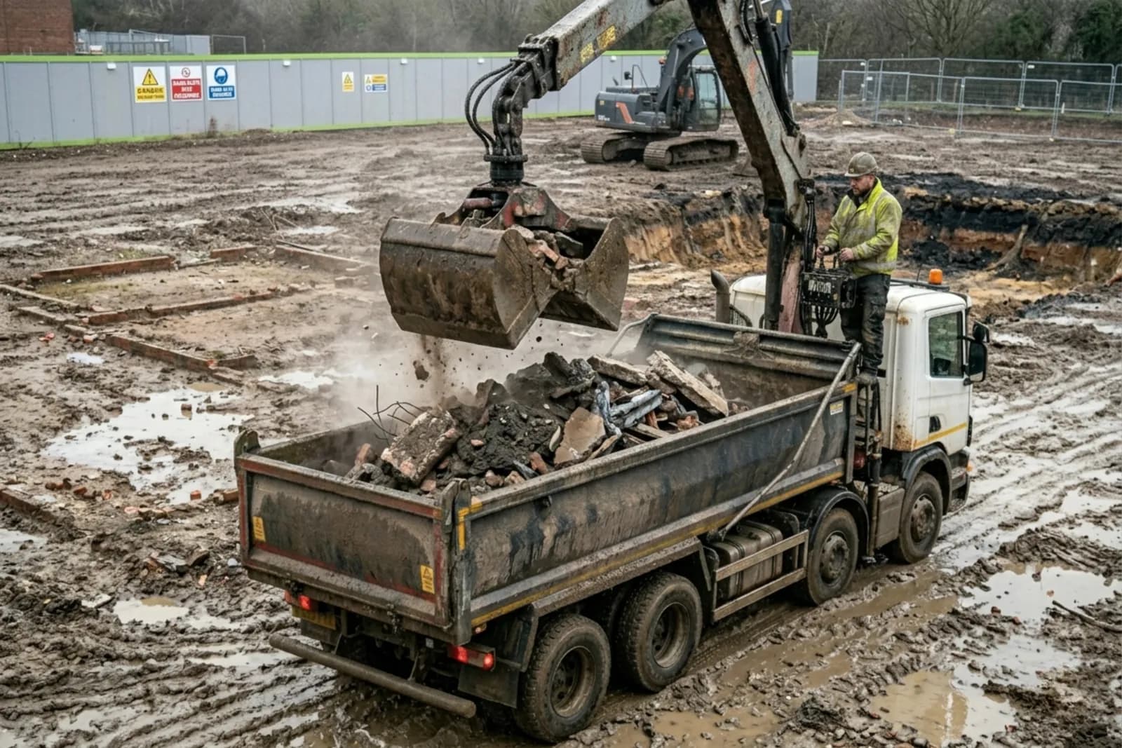 Grab lorry clearing a brownfield site in Nottingham, hired through Skyward Skip Hire