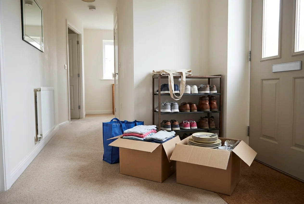 Boxes and bags of good-condition household items and a piece of furniture by a front door, ready for a charity collection.