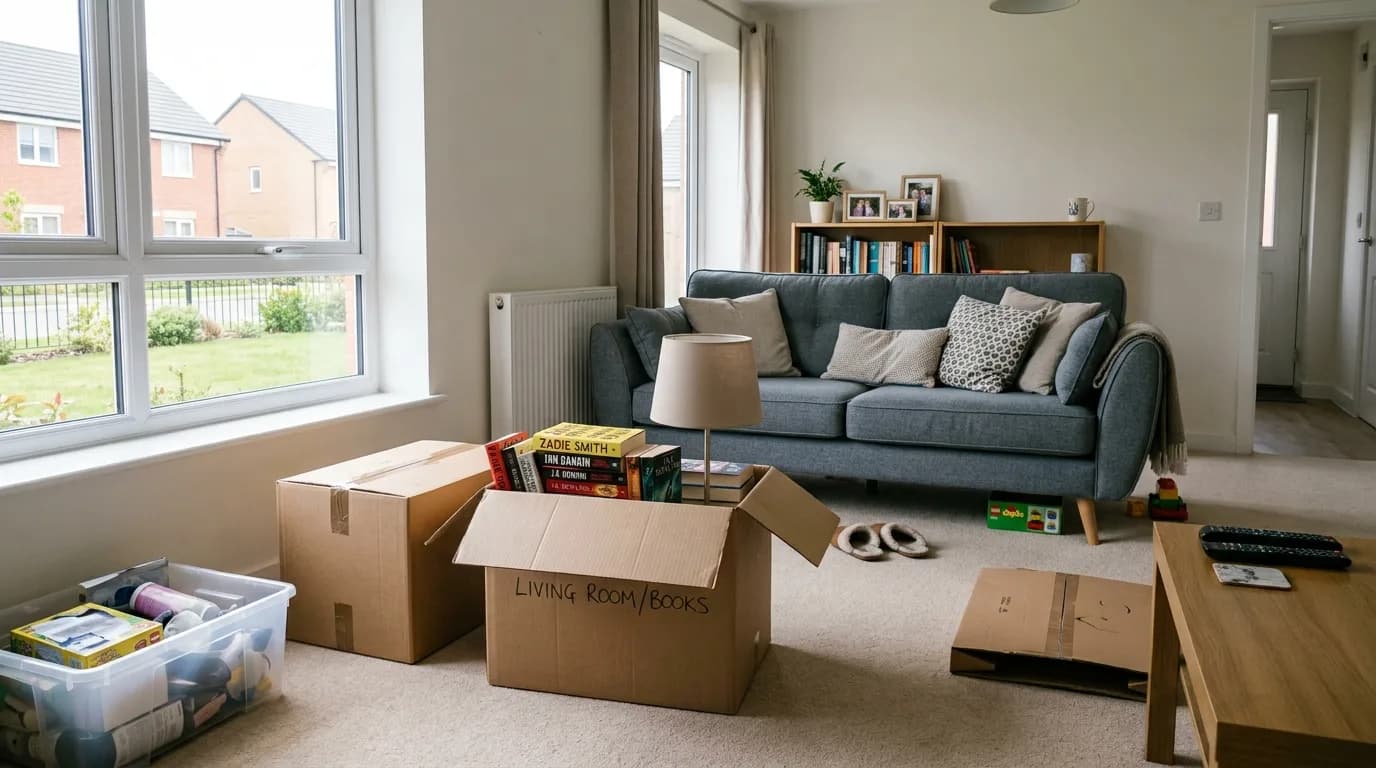 A living room part-way through decluttering before a house move, with packing boxes, sorted belongings and furniture.