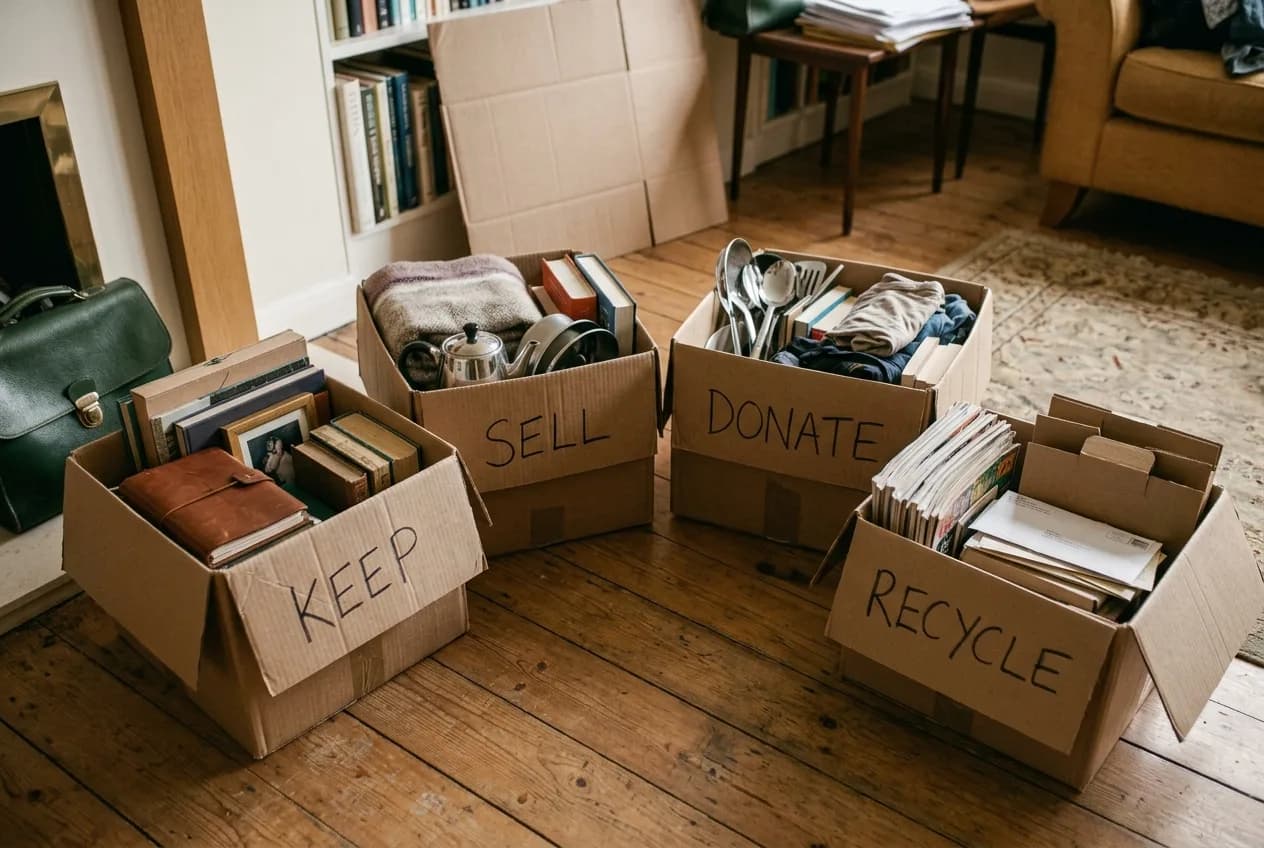 Cardboard boxes labelled keep, sell, donate and recycle, part-filled with household items during a declutter.