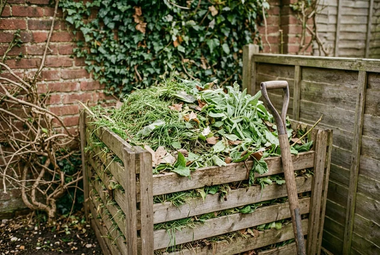 A wooden compost bin in the corner of a garden, filled with grass clippings, leaves and soft prunings.