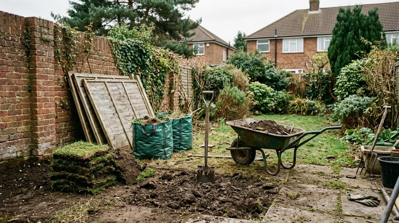 A British back garden midway through a clearing project, with dug-out soil, stacked turf, old timber fence panels and a wheelbarrow on an overcast day.