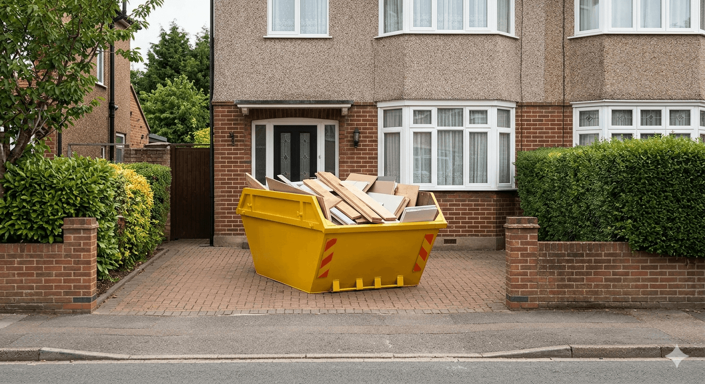 Skip on driveway in Hull, East Riding of Yorkshire hired through Skyward Skip Hire